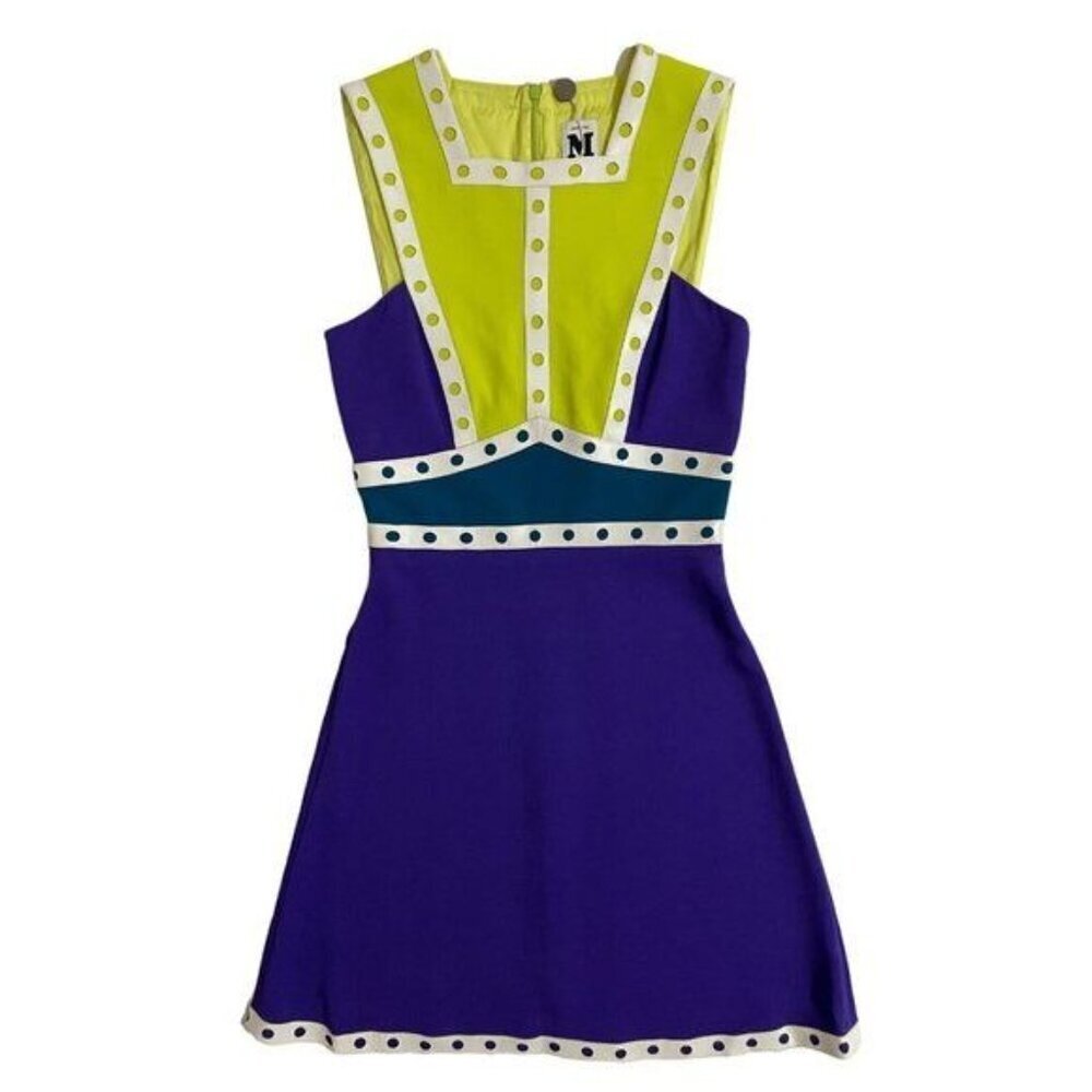 M Missoni Mini Skater Dress Neon Yellow Purple Leather Trim 36 IT 2 US NWT - Picture 2 of 12